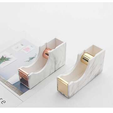 Multibey Acrylic 1 Inch Core Desktop Adhesive Tape Dispenser Cutter with Tape Marble Office School Gift Idea (Marble Printed-Gold)