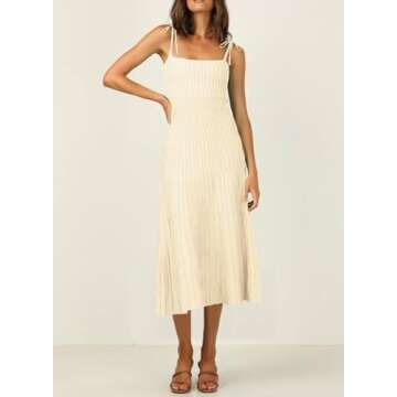 ARTFREE Womens Ribbed Knit Summer Maxi Dresses Tie Straps Square Neck Party Long Dress Apricot M