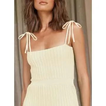 ARTFREE Womens Ribbed Knit Summer Maxi Dresses Tie Straps Square Neck Party Long Dress Apricot M