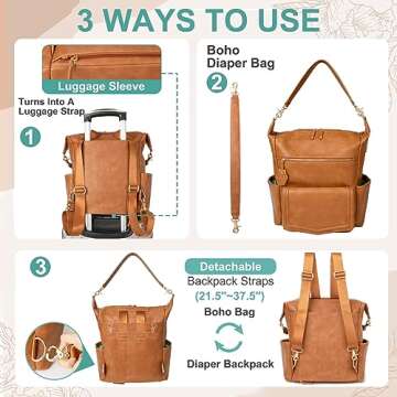 MOMINSIDE Diaper Bag Tote, Leather Diaper Bag Backpack, Convertible Hobo Backpack, Large Baby Bag for Mom,14 Pockets, 6 Bottle Pockets, Wipes Pouch, Insulated Pockets (Brown)