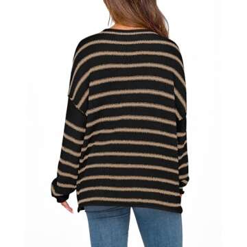 BTFBM Women's Striped Knit Sweaters 2025 Spring Fall Boat Neck Off Shoulder Long Sleeve Oversized Casual Pullover Tops(Striped Black Khaki, Medium)
