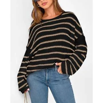 BTFBM Women's Striped Knit Sweaters 2025 Spring Fall Boat Neck Off Shoulder Long Sleeve Oversized Casual Pullover Tops(Striped Black Khaki, Medium)