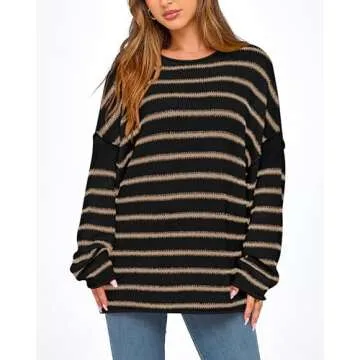 BTFBM Women's Striped Knit Sweaters 2025 Spring Fall Boat Neck Off Shoulder Long Sleeve Oversized Casual Pullover Tops(Striped Black Khaki, Medium)