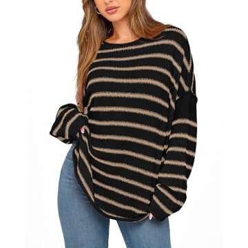 BTFBM Women's Striped Knit Sweaters 2025 Spring Fall Boat Neck Off Shoulder Long Sleeve Oversized Casual Pullover Tops(Striped Black Khaki, Medium)