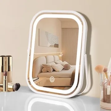 YEKKOPT Travel Makeup Mirror with Lights, Portable Small Beauty LED Vanity Mirror with Lights, 1200mAh Battery, Dimmable Touch Screen, Tabletop Folding Compact Mirror,Women Gift