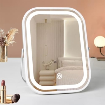 YEKKOPT Travel Makeup Mirror with Lights, Portable Small Beauty LED Vanity Mirror with Lights, 1200mAh Battery, Dimmable Touch Screen, Tabletop Folding Compact Mirror,Women Gift