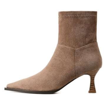 Atsroel Womens Brown Suede Fall Boots Side Zip Ankle Boots Pointed Toe Mid Calf Boots Kitten Heel Boots Dressy Short Boots
