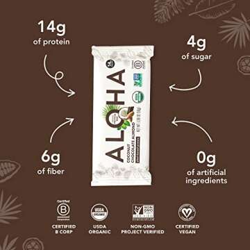 ALOHA Organic Plant Based Protein Bars - Chocolate Coconut Almond, Vegan, Low Sugar, Gluten-Free, Low Carb, Non-GMO, No Stevia, No Erythritol - 12 Count (Pack of 1)