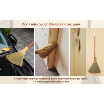 MISCRANAST. Small Natural Whisk Broom with Wood Handle Retro Nature. Vietnamese Soft Straw Broom for Cleaning. Use it as a Decoration, Wedding, Witch Broom, Broomstick Halloween, Mini Straw Broom