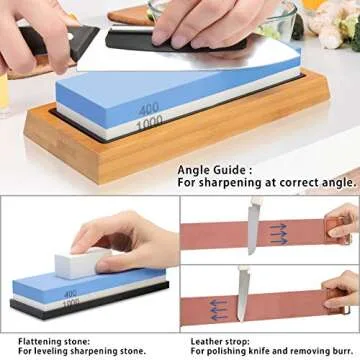 Sharpening Stone Whetstone Set 4 Side Grit 400/1000 3000/8000, Professional Whetstone Knife Sharpener, Knife Sharpening Stone Kit with Bamboo Base, Flatting Stone, Angle Guide & Leather Strop