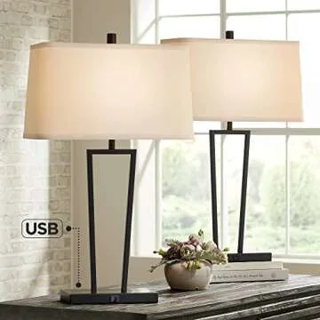 360 Lighting Cole Modern Minimalist Table Lamps 27" Tall Set of 2 with USB Charging Ports Black Metal White Rectangular Shade for Living Room Bedroom House Bedside Nightstand Home Office