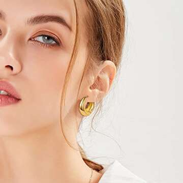 Chunky Hoop Earrings for Women, Small 14K Gold Plated Hypoallergenic Cute Huggie Lightweight Girls Tiny Hoop Earrings, Gold
