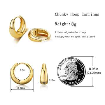 Chunky Hoop Earrings for Women, Small 14K Gold Plated Hypoallergenic Cute Huggie Lightweight Girls Tiny Hoop Earrings, Gold