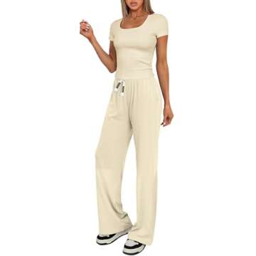 Darong Women's Two Piece Outfit Short Sleeve Scoop Neck T Shirts with Wide Leg Pants Active Tracksuit Lounge Set