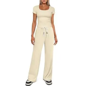 Darong Women's Two Piece Outfit Short Sleeve Scoop Neck T Shirts with Wide Leg Pants Active Tracksuit Lounge Set