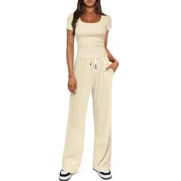 Darong Women's Two Piece Outfit Short Sleeve Scoop Neck T Shirts with Wide Leg Pants Active Tracksuit Lounge Set