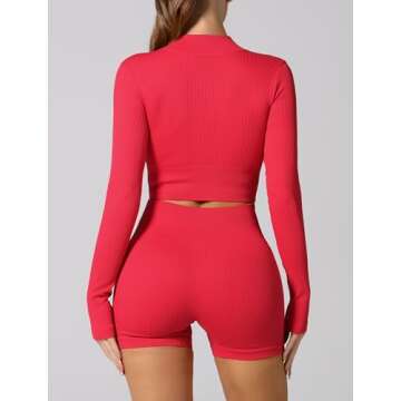ABOCIW Two Piece Outfits for Women Sexy Zip Long Sleeve Crop Top Seamless Ribbed High Waist Biker Shorts 2 Piece Workout Sets Gym Yoga Exercise Outfits Tracksuit Red Large
