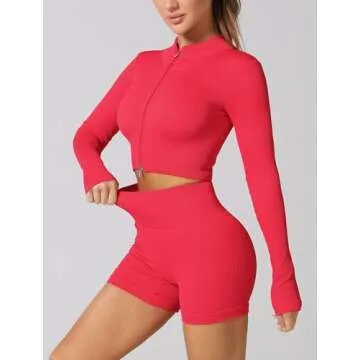 ABOCIW Two Piece Outfits for Women Sexy Zip Long Sleeve Crop Top Seamless Ribbed High Waist Biker Shorts 2 Piece Workout Sets Gym Yoga Exercise Outfits Tracksuit Red Large