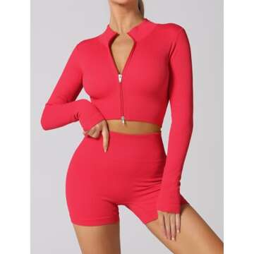 ABOCIW Two Piece Outfits for Women Sexy Zip Long Sleeve Crop Top Seamless Ribbed High Waist Biker Shorts 2 Piece Workout Sets Gym Yoga Exercise Outfits Tracksuit Red Large