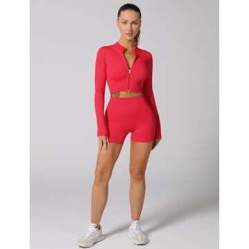 ABOCIW Two Piece Outfits for Women Sexy Zip Long Sleeve Crop Top Seamless Ribbed High Waist Biker Shorts 2 Piece Workout Sets Gym Yoga Exercise Outfits Tracksuit Red Large