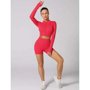 ABOCIW Two Piece Outfits for Women Sexy Zip Long Sleeve Crop Top Seamless Ribbed High Waist Biker Shorts 2 Piece Workout Sets Gym Yoga Exercise Outfits Tracksuit Red Large