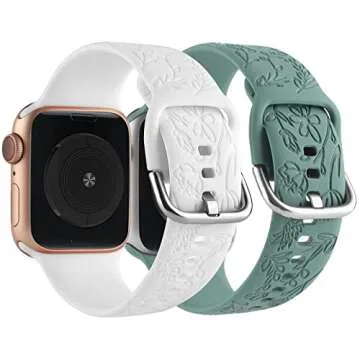 2 Pack Flower Engraved Sport Strap Compatible with Apple Watch Bands 38mm 40mm 41mm, Women Floral Laser Soft Silicone Wristband Replacement iWatch Series 8 7 6 5 4 3 2 1 SE (White Green, 38/40/41mm)