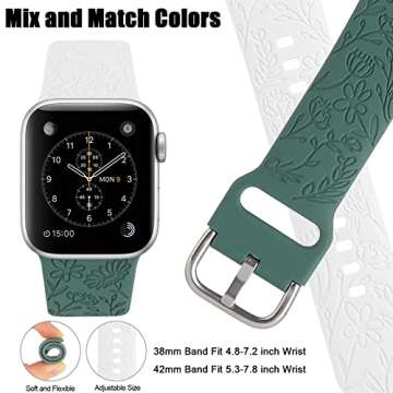 2 Pack Flower Engraved Sport Strap Compatible with Apple Watch Bands 38mm 40mm 41mm, Women Floral Laser Soft Silicone Wristband Replacement iWatch Series 8 7 6 5 4 3 2 1 SE (White Green, 38/40/41mm)