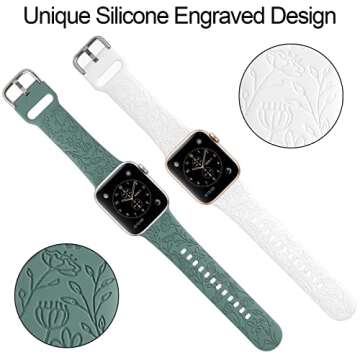 2 Pack Flower Engraved Sport Strap Compatible with Apple Watch Bands 38mm 40mm 41mm, Women Floral Laser Soft Silicone Wristband Replacement iWatch Series 8 7 6 5 4 3 2 1 SE (White Green, 38/40/41mm)