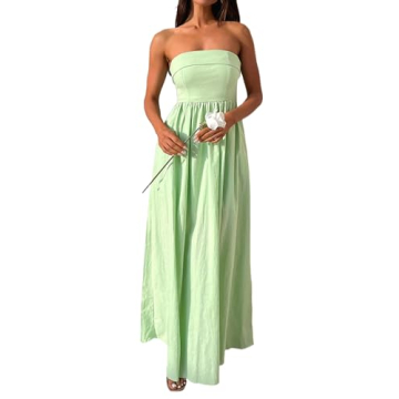 DURUNUL Women Summer Strapless Maxi Tube Dress 2024 Trendy Solid Pleated Flowy Dress Wedding Guest M...
