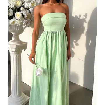 DURUNUL Women Summer Strapless Maxi Tube Dress 2024 Trendy Solid Pleated Flowy Dress Wedding Guest Maxi Dresses Party Club Green