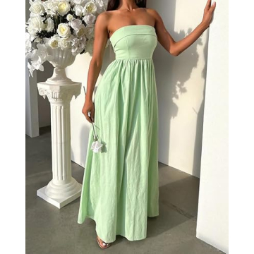 DURUNUL Women Summer Strapless Maxi Tube Dress 2024 Trendy Solid Pleated Flowy Dress Wedding Guest Maxi Dresses Party Club Green