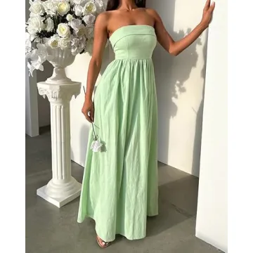 DURUNUL Women Summer Strapless Maxi Tube Dress 2024 Trendy Solid Pleated Flowy Dress Wedding Guest Maxi Dresses Party Club Green