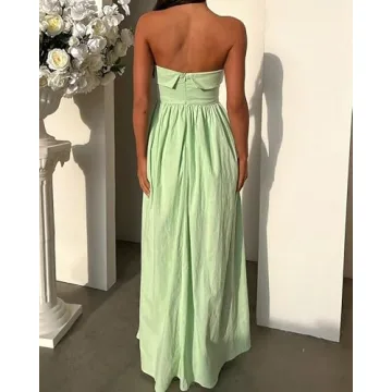 DURUNUL Women Summer Strapless Maxi Tube Dress 2024 Trendy Solid Pleated Flowy Dress Wedding Guest Maxi Dresses Party Club Green