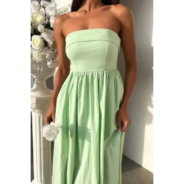 DURUNUL Women Summer Strapless Maxi Tube Dress 2024 Trendy Solid Pleated Flowy Dress Wedding Guest Maxi Dresses Party Club Green