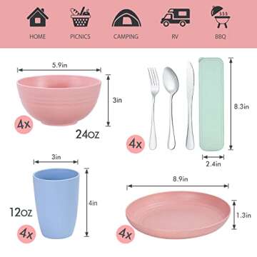28PCS Kitchen Wheat Streaw Dinnerware Sets for 4, Wheat Straw Plates and Bowls Sets, College Dorm Di...