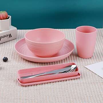 28PCS Kitchen Wheat Streaw Dinnerware Sets for 4, Wheat Straw Plates and Bowls Sets, College Dorm Dinnerware Dishes Set for 4 with Cutlery Set