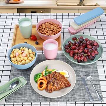 28PCS Kitchen Wheat Streaw Dinnerware Sets for 4, Wheat Straw Plates and Bowls Sets, College Dorm Dinnerware Dishes Set for 4 with Cutlery Set