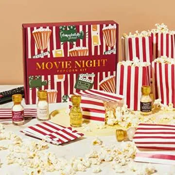 Thoughtfully Gourmet, Movie Night Popcorn Set, Includes Yellow and Mixed Popcorn Kernels, 10 Paper Popcorn Bags, 5 Popcorn Seasonings & Toppings