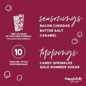 Thoughtfully Gourmet, Movie Night Popcorn Set, Includes Yellow and Mixed Popcorn Kernels, 10 Paper Popcorn Bags, 5 Popcorn Seasonings & Toppings