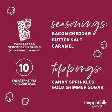 Thoughtfully Gourmet, Movie Night Popcorn Set, Includes Yellow and Mixed Popcorn Kernels, 10 Paper Popcorn Bags, 5 Popcorn Seasonings & Toppings