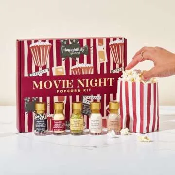 Thoughtfully Gourmet, Movie Night Popcorn Set, Includes Yellow and Mixed Popcorn Kernels, 10 Paper Popcorn Bags, 5 Popcorn Seasonings & Toppings