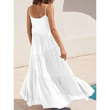 LOGENE Women Summer Spaghetti Sling Ruffle Loose Long Maxi Casual Dress 523-baise-S White
