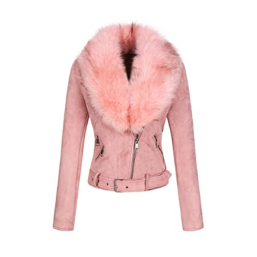 Bellivera Women's Faux Leather Suede Jacket Moto Fleece-Lined Coat with Detachable Fur Collar 8830 P...