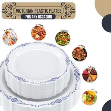 Exquisite Victorian 80 Piece Plastic Disposable Party Set For 40 Guests - Elegant Dinnerware for Sty...
