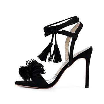 AMARANTOS Women's Fringe High Heel Sandals Open Toe Stiletto Tassels Sandals Ladies Fashion Strappy Heeled Sandals Black Size8.5