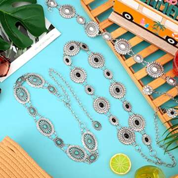 Junkin 3 Pcs Women Concho Western Chain Belts Turquoise Chain Belts Antique Western Waist Belts Country Metal Belt Link Belt (White, Black, Green)