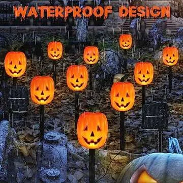 Retisee 10 Pcs Halloween Pumpkin Pathway Markers Lights Solar Powered Pathway String Lights Light up Jack O Lantern Pumpkin Garden Stakes for Yard Lawn Tree Patio Walkway Driveway Party Decor
