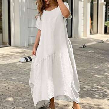 Ceboyel Women Boho Cotton Linen Dress Solid Color Asymmetrical Flowy Dresses Long Casual Maxi Ladies Beach Dress 2023 Beach Dresses for Women 2023 Trendy Plus White l