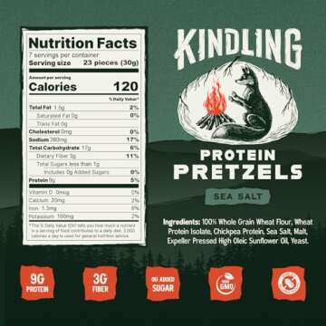 Kindling Protein Pretzels - Sea Salt | Protein-Packed Snack Size Bags | Kosher | 8-9g Protein Per Serving | Only 1-2g of Total Sugar | No Artificial Flavors, Soy-Free | Lunches, Office Snacks, & On-the-Go | 16-Count (1.06oz Bags)