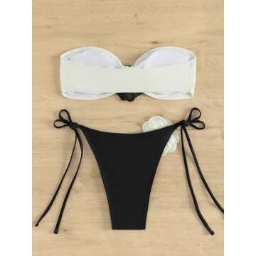 MakeMeChic Women's 2 Piece Bandeau Swimsuit 3D Floral Tie Side High Cut Bikini Set Bathing Suit Blac...